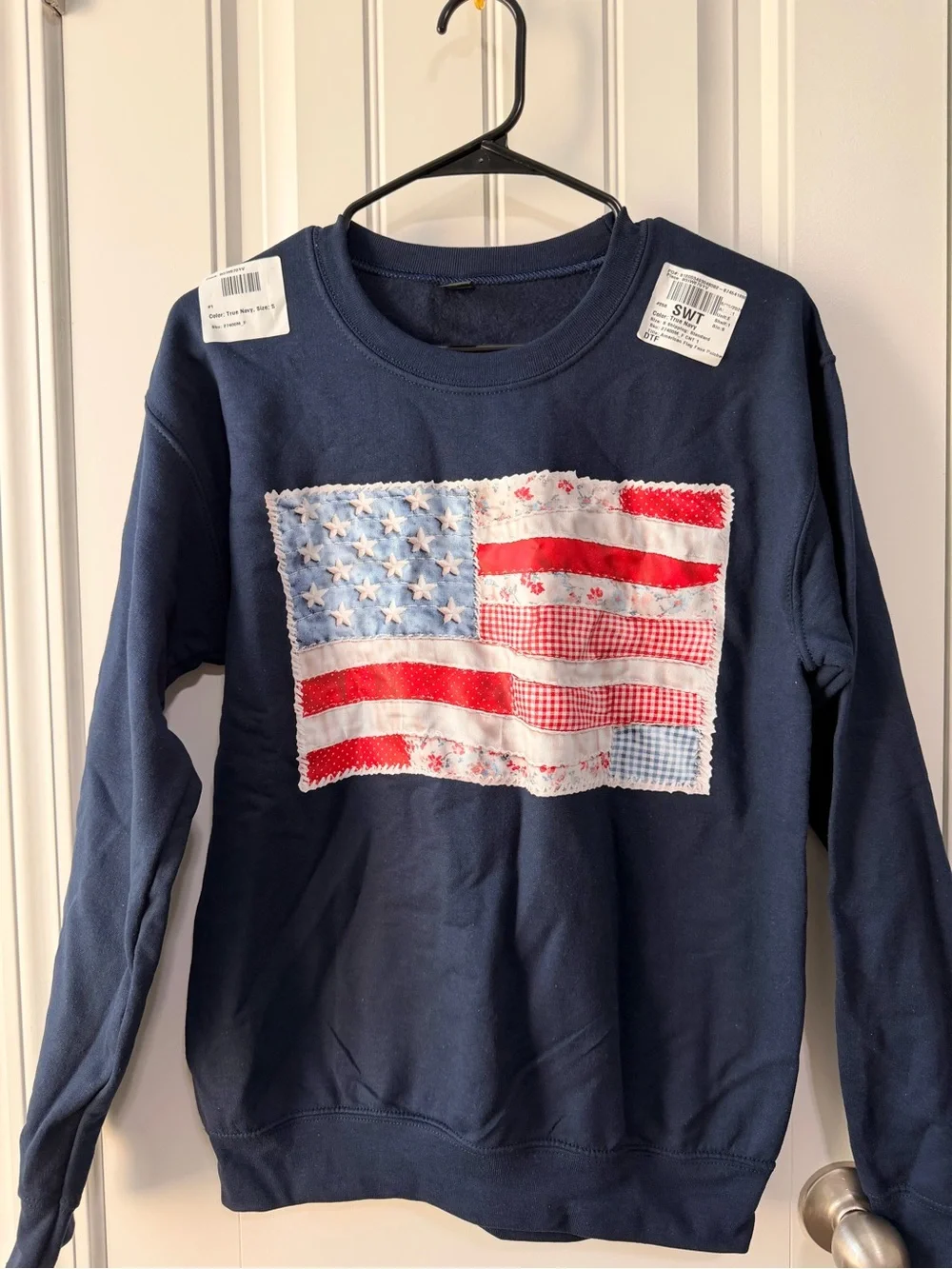 Target Navy Crewneck Sweatshirt with Red, White & Light Blue FAUX Patchwork Flag
